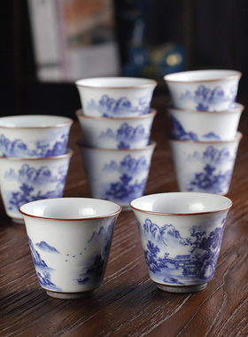 青花瓷功夫茶杯6只装单个陶瓷家用中式喝茶杯子复古10品茗小茶盏