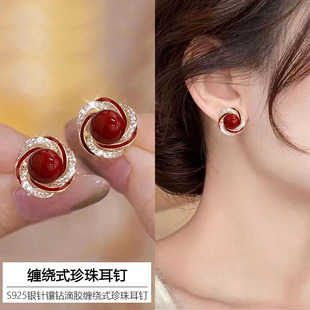 缠绕式珍珠耳钉ins风耳环女2024新款精致百搭小众设计感饰品温柔