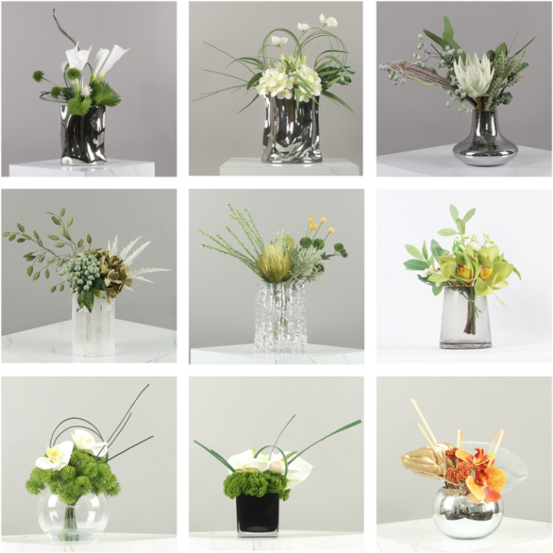 新中式洽谈桌花艺组合轻奢玻璃花器永生花摆件样板房样品屋展示中