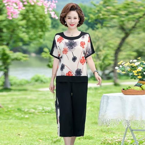Летняя одежда для матери, шифоновый комплект, футболка с коротким рукавом для пожилых людей, штаны, в западном стиле, для среднего возраста