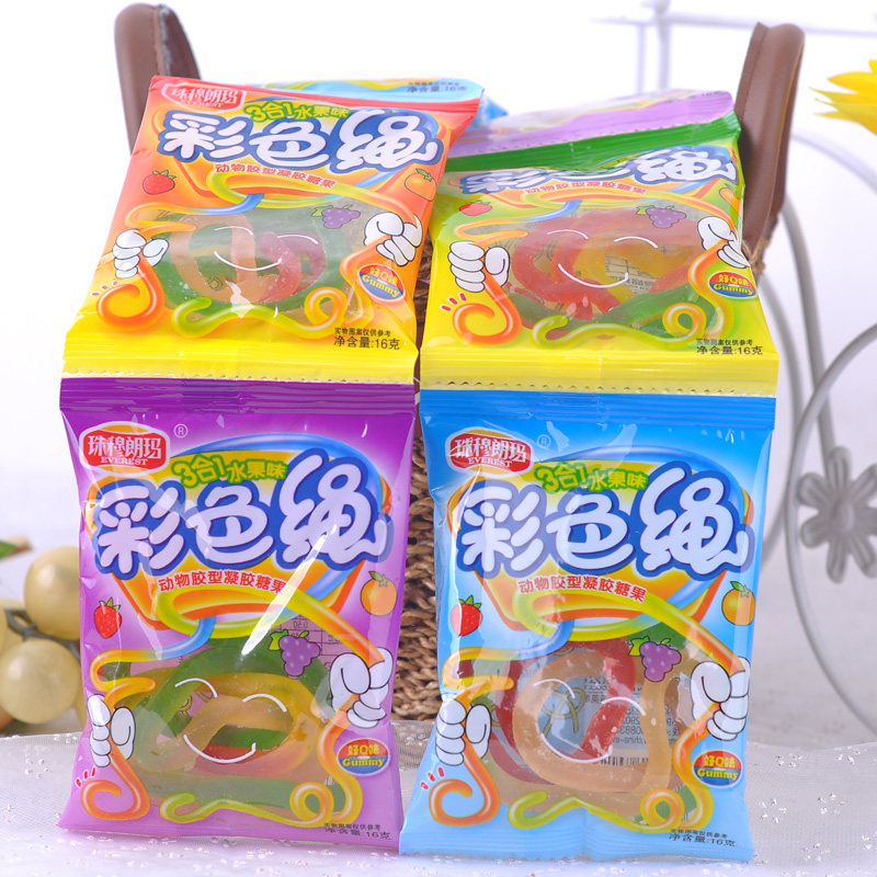 珠穆朗玛五彩绳彩色绳混合水果味凝胶软糖果休闲儿时怀旧小零食品