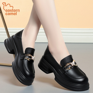 东方骆驼EASTERNCAMEL乐福鞋粗跟厚底圆头舒适妈妈鞋单鞋女小皮鞋