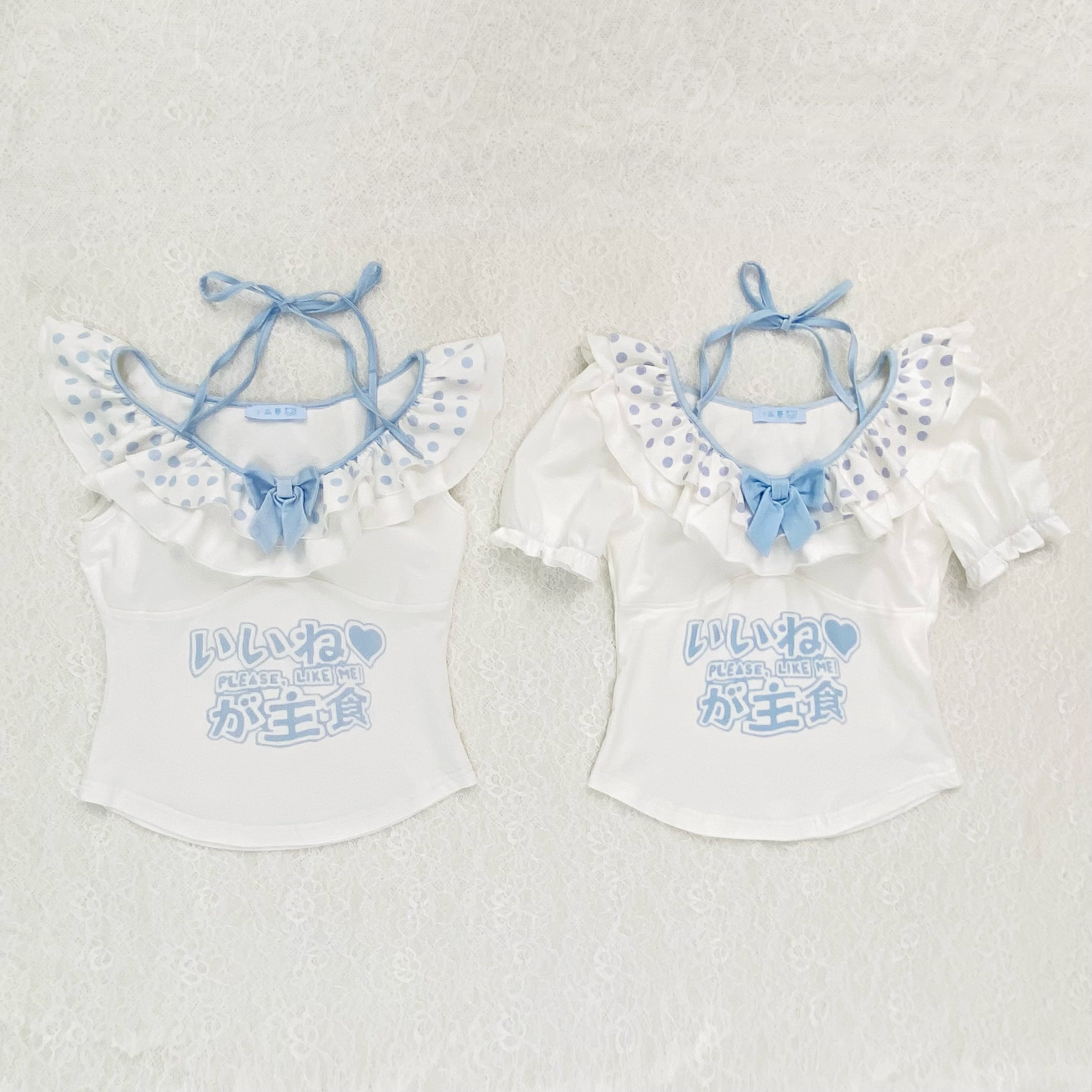 小亚哥 原创超甜水色波点吊带 可爱软妹印花T恤蝴蝶结波点短T8102