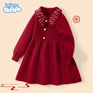 班尼路童装女童连衣裙秋冬款儿童红色过年裙子大童2025新款毛衣裙