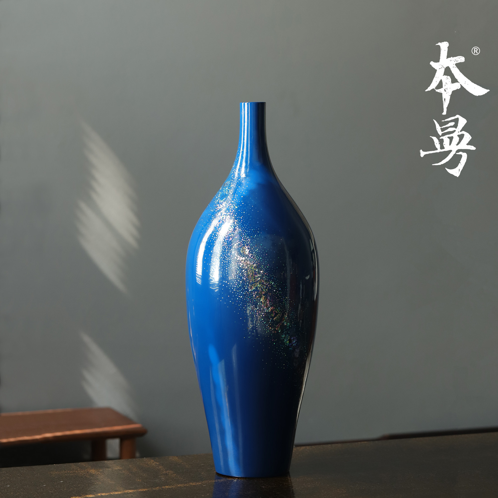 本曼靛海碎光大漆脱胎花器花瓶纯手工髹漆贴螺钿插花摆件福州漆器