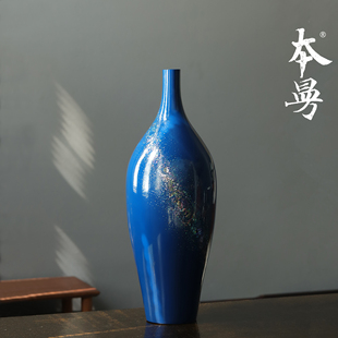 本曼靛海碎光大漆脱胎花器花瓶纯手工髹漆贴螺钿插花摆件福州漆器