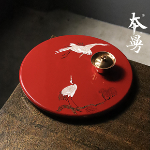 本曼心心相印大漆茶盘干泡台髹漆手作贴蛋壳鹤漆器茶台福州大漆