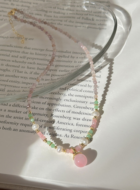 淡水珍珠粉色天然石串珠吊坠项链