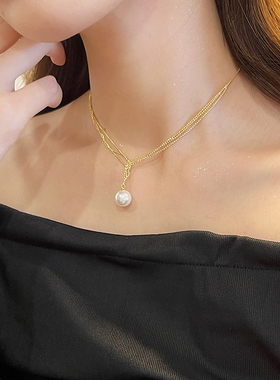 金色锁骨链纯银项链珍珠吊坠
