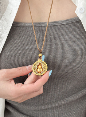 24K镀金~沙金葫芦镶钻中古项链