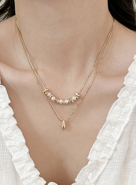 珍珠水滴碎银子双层叠戴项链