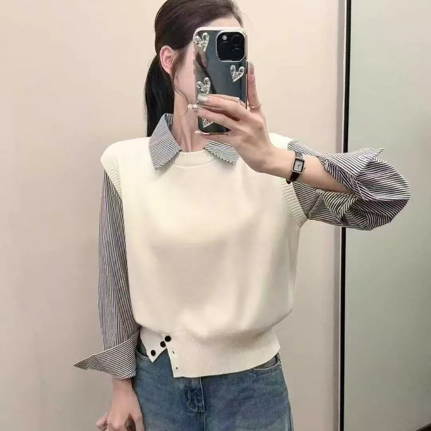 通勤风假两件拼接衬衫袖针织衫女毛针织衫