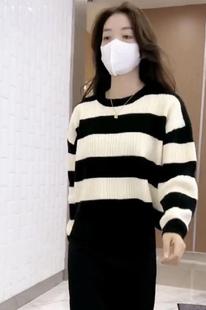 韩版美拉德条纹针织毛衣女2023秋冬新款圆领套头宽松休闲百搭上衣