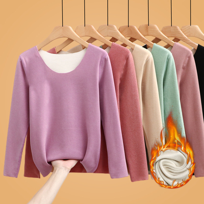 抗菌德绒长袖打底衫秋冬加绒加厚保暖无痕内搭T恤圆领秋衣女上衣