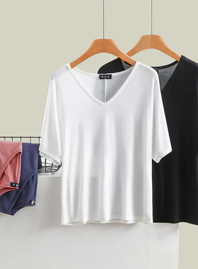 莫代尔白色短袖t恤女夏季V领2023大领口百搭正肩纯色打底面膜上衣