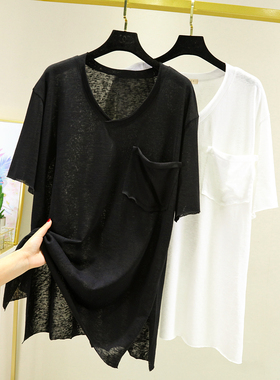 夏季棉麻短袖t恤女宽松百搭上衣v领半袖黑白色体恤薄款亚麻打底衫