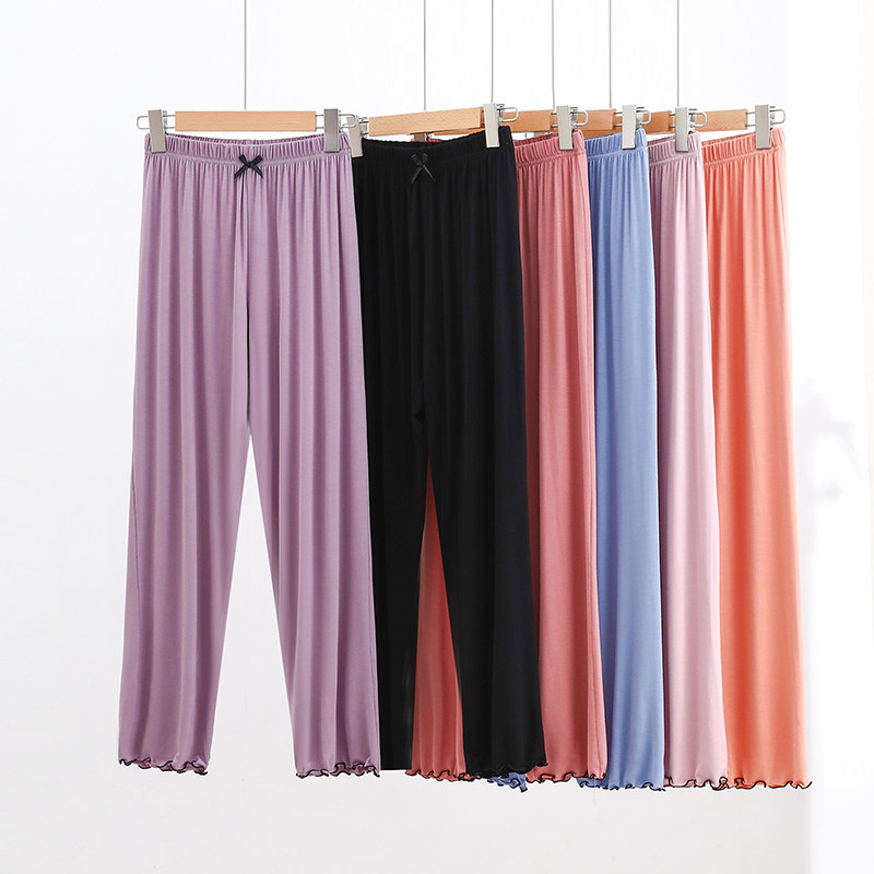 莫代尔简约睡裤女士木耳边纯色长裤家居服春夏薄款大码舞蹈瑜伽裤