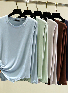 春秋莫代尔长袖T恤女大码圆领韩版宽松薄上衣白色打底衫百搭休闲