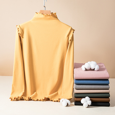 德绒木耳边半高领T恤女秋冬加绒打底衫长袖内搭加厚保暖磨毛上衣