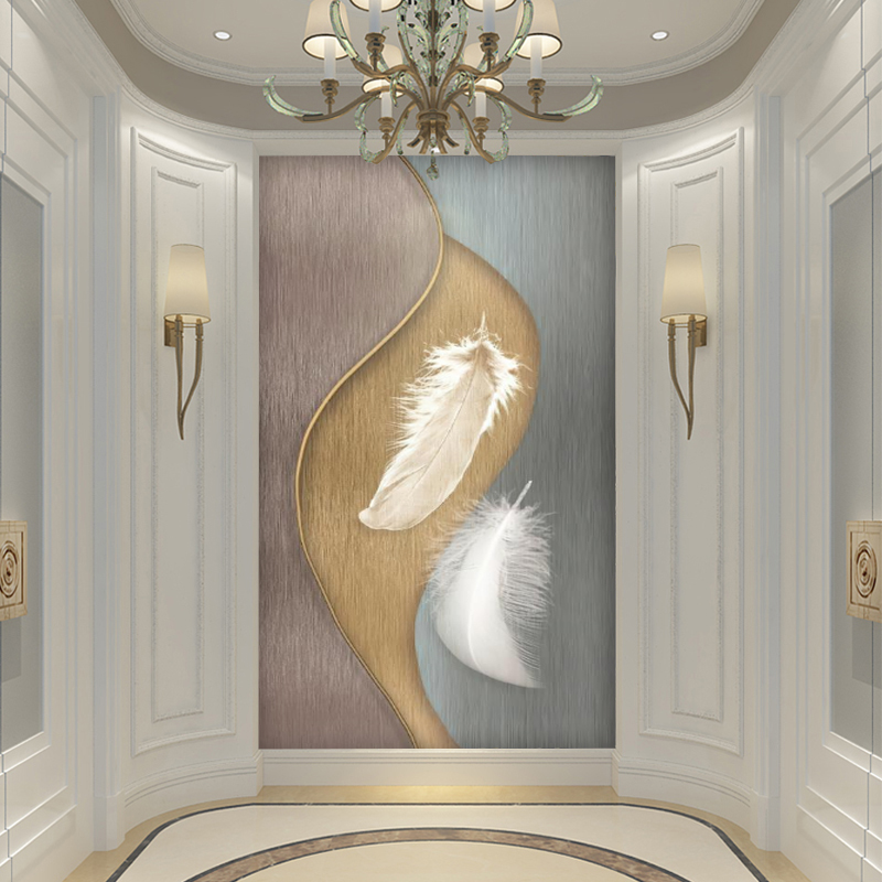 简约现代艺术玄关羽毛叶子壁纸竖版背景墙壁画过道走廊8d定制墙布