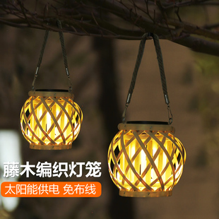 太阳能户外庭院吊灯挂树灯小夜灯笼藤木编织复古花园阳台氛围露营
