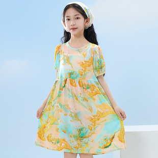 女童连衣裙夏季新款儿童洋气时髦裙子夏装公主裙女孩泡泡袖中大童