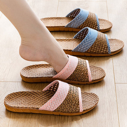 夏季拖鞋男女家居家用室内情侣防滑厚底踩屎感亚麻布藤草清凉拖鞋