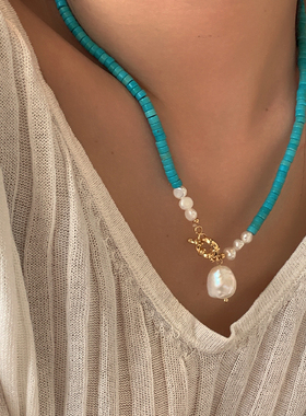 手工串珠浅蓝色绿松石项链 不规则巴洛克天然珍珠吊坠 设计感小众