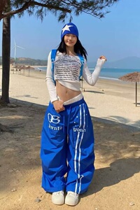 春秋双腰头字母印花弯刀阔腿慵懒风百搭男女街头休闲长裤K8132P48图片