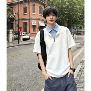 假两件短袖男款POLO衫夏解构拼接正肩半袖青少年半拉炼T恤T390P38图片