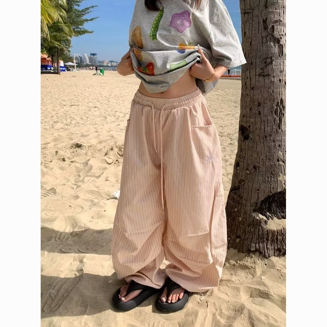 蓝色条纹阔腿裤女夏天褶皱松紧腰显瘦慵懒宽松直筒休闲裤K8128P55图片