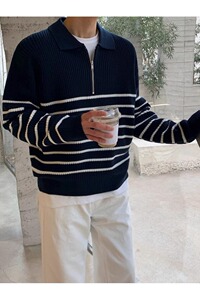 毛衣男秋冬季半高领拉链毛衣男装宽松休闲条纹外穿针织衫M1836P55图片
