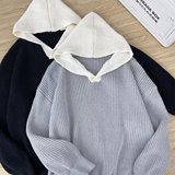 撞色假两件针织连帽毛衣外套男轻奢复古高级感情侣装上衣M5701P65，男装针织衫/毛衣，星座1013-3