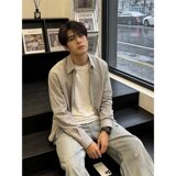 日系翻领灰白格子长袖衬衫男生秋季宽松休闲开衫上衣外套C01P45，男装衬衫，星座1013-3