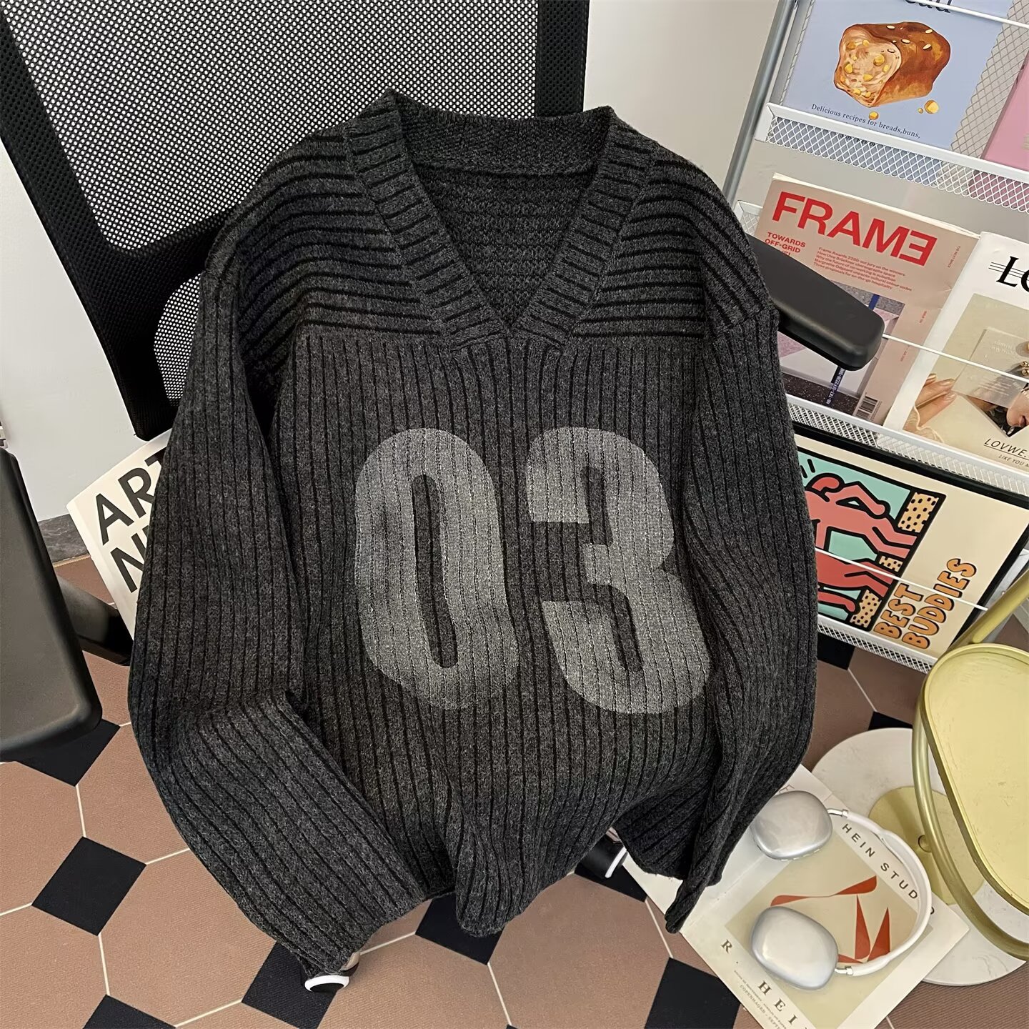 春秋复古宽松设计感数字印花V领毛衣针织长袖球衣露肩上衣M417P58，女装针织衫/毛衣，星座1013-3