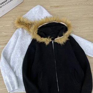 气质秋冬季复古座山雕毛领外套男女小众设计感工装毛衣潮M418P75图片