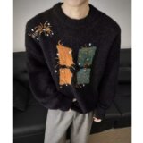 日系复古刺绣水貂绒针织衫男女秋季宽松圆领休闲毛衣外套M5821P65，男装针织衫/毛衣，星座1013-3