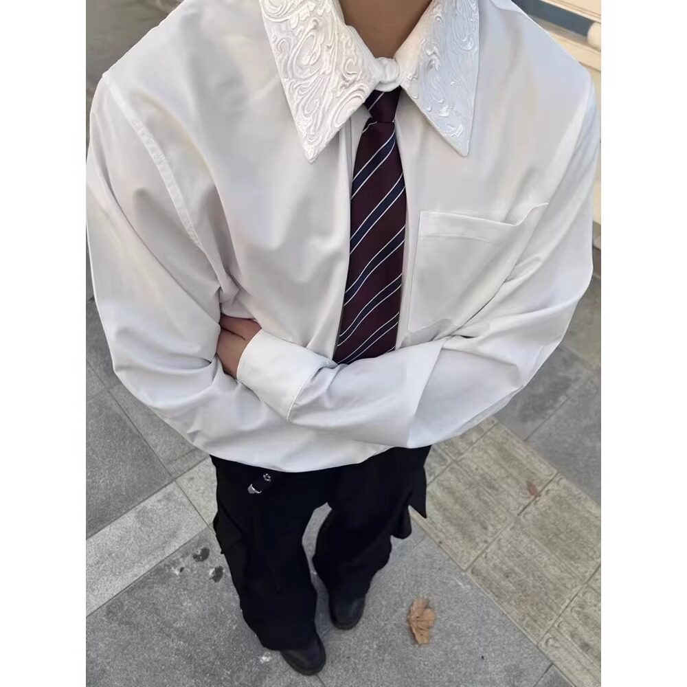 春秋简约衣领提花白色衬衫男女高级小众休闲内搭长袖衬衣C483P35，男装衬衫，星座1013-3