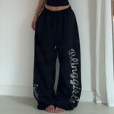 松弛感美式烫钻宽松爵士裤阔腿裤休闲运动卫裤jazz拖地裤K8104P48，女装休闲裤，星座1013-3