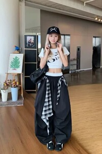 夏季时尚休闲裤女百搭显瘦格子腰带女A字弯刀拖地长西裤K8045P58图片