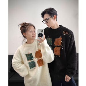 日系复古刺绣水貂绒针织衫男女秋季宽松圆领休闲毛衣外套M5821P65图片