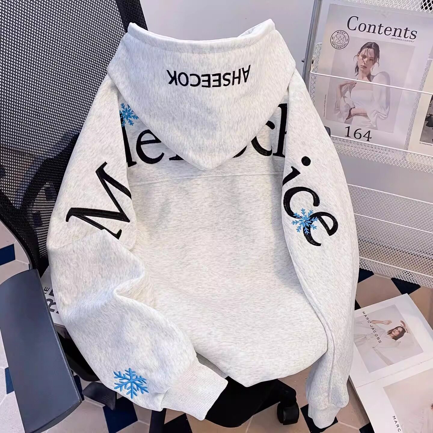 喜欢後背刺绣雪花字母重磅连帽运动衫情侣宽松百搭新款男W313P55，男装卫衣，星座1013-3