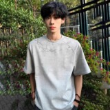 美式荆棘刺绣短袖T恤男夏季灰色拼接设计感重磅正肩上衣T802P28，男装T恤，星座1013-3