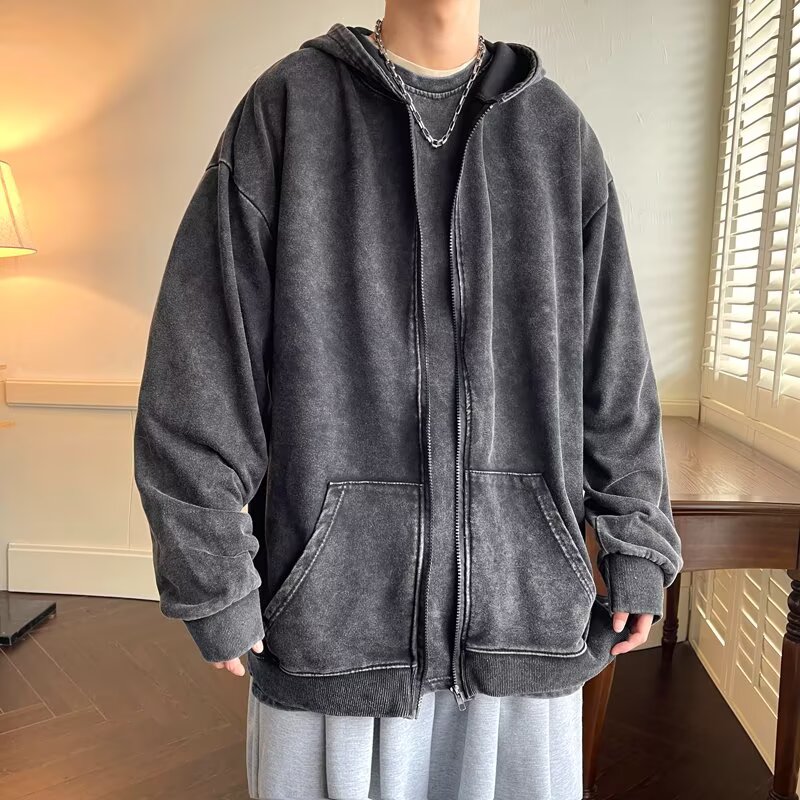 潮流水洗拉链做旧连帽卫衣拉链插袋外套宽松廓上衣日系百搭W35P65，男装卫衣，星座1013-3