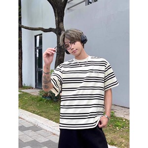 潮牌条纹短袖T恤男女宽松重磅夏季美式休闲情侣款半袖体恤T880P25图片