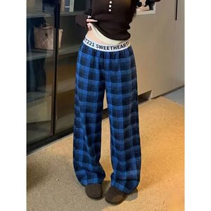 欢简韵高级感格子裤子女春秋季休闲宽松高腰小个子阔腿裤K8136P40图片