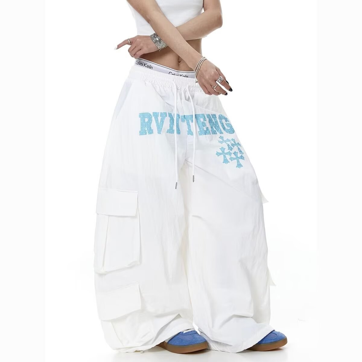 复古多口袋工装牛仔女春秋款高街设计宽松显瘦垂感阔腿裤K8146P50,女装休闲裤,星座1013-3