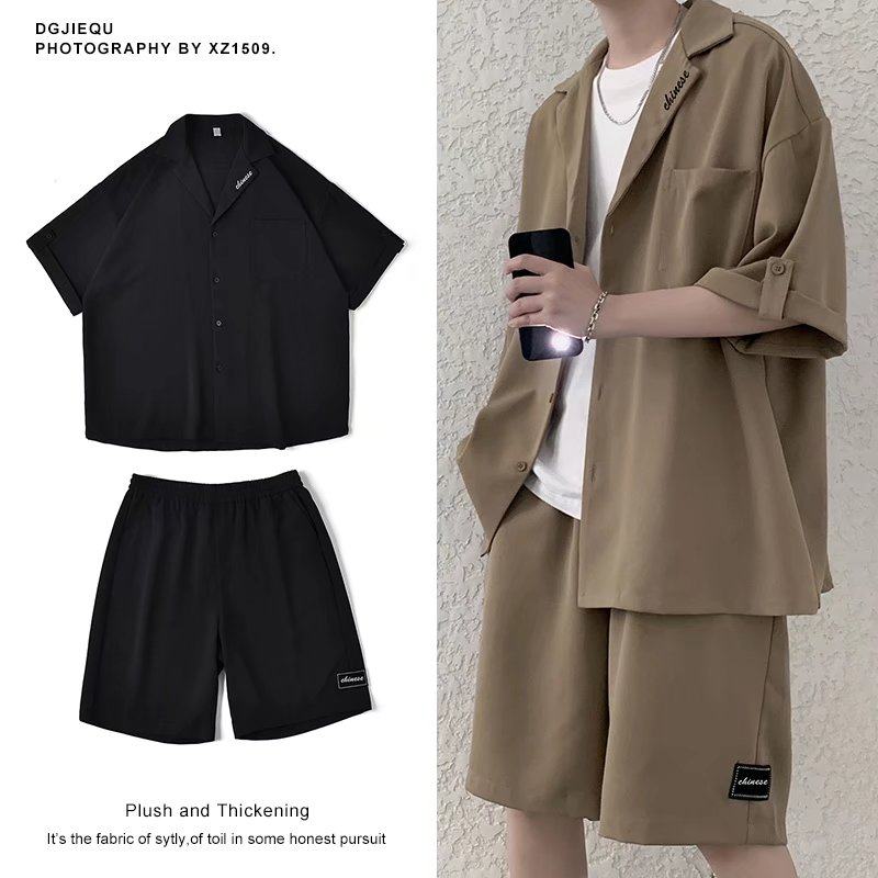 夏款男士青少年港风运动套装短袖衬衫短裤休闲时尚两件套A52P55,男装休闲套装,星座1013-3