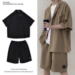 夏款男士青少年港风运动套装短袖衬衫短裤休闲时尚两件套A52P55