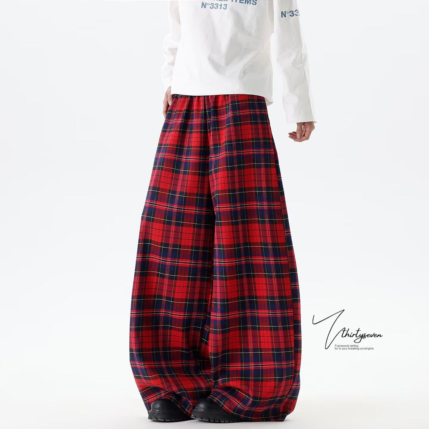 风格纹休闲裤男女同款美式复古街头运动直筒垂感阔腿长裤8118P50，男装休闲裤，星座1013-3